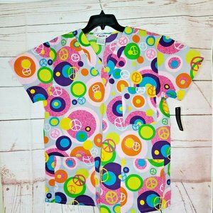 Just Love Medical Scrub Top Medium Pink Multi Colored Peace Signs